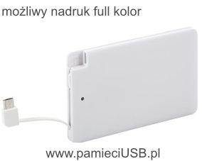 PP-27 Powerbank plastikowa obudowa biała. Możliwy nadruk full kolor; wymiar: 99 x 62 x 8 mm; wbudowany kabel micro USB i adapter Apple lightning (9-pinowy).